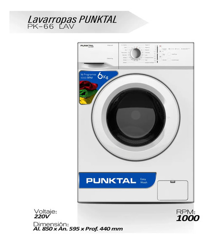 Lavarropas Punktal Frontal Pk-66 Lav 6kg 1000 Rpm 16 Program Color Blanco - Imagen 2